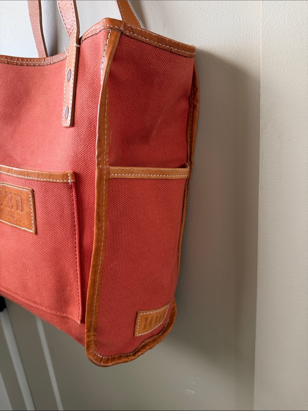 Shinola Coral-Red Canvas Tote with Tan Leather Trim - Picture 3 of 5